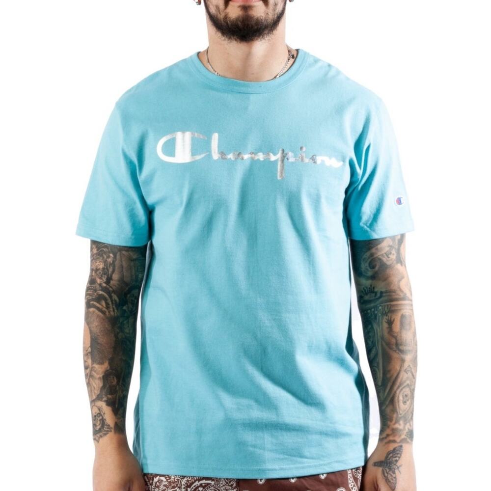 CHAMPION Men's Rainbow Foil Script Heritage T-Shirt 3XL Aqua
